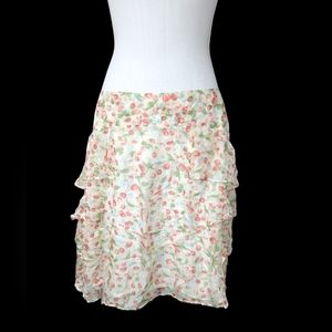 BLUE TASSLE SKIRT WOMENS SIZE LARGE 100% SILK KNEE LENGTH FRUIT PRINT RUFFLE NEW